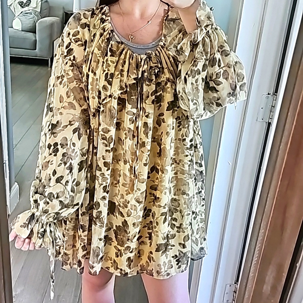 Topshop Yellow and Black Floral BabyDoll Long Sleeve Mini Dress